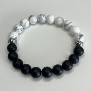 Handmade One of a Kind Black, White & Gray Beads with Silver Accent Bracelet